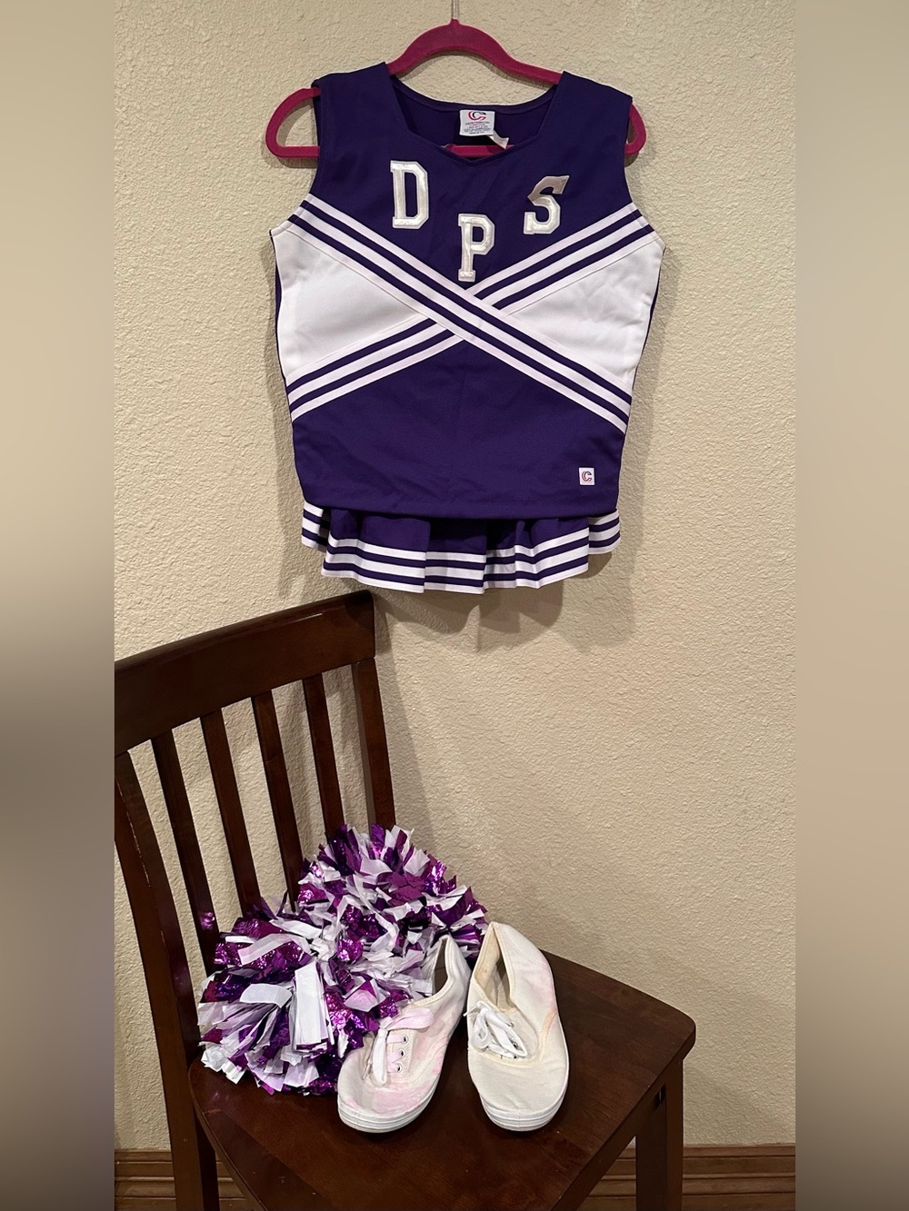 Cheerleading.com Purple White Cheer Uniform Set Top Skirt & Poms